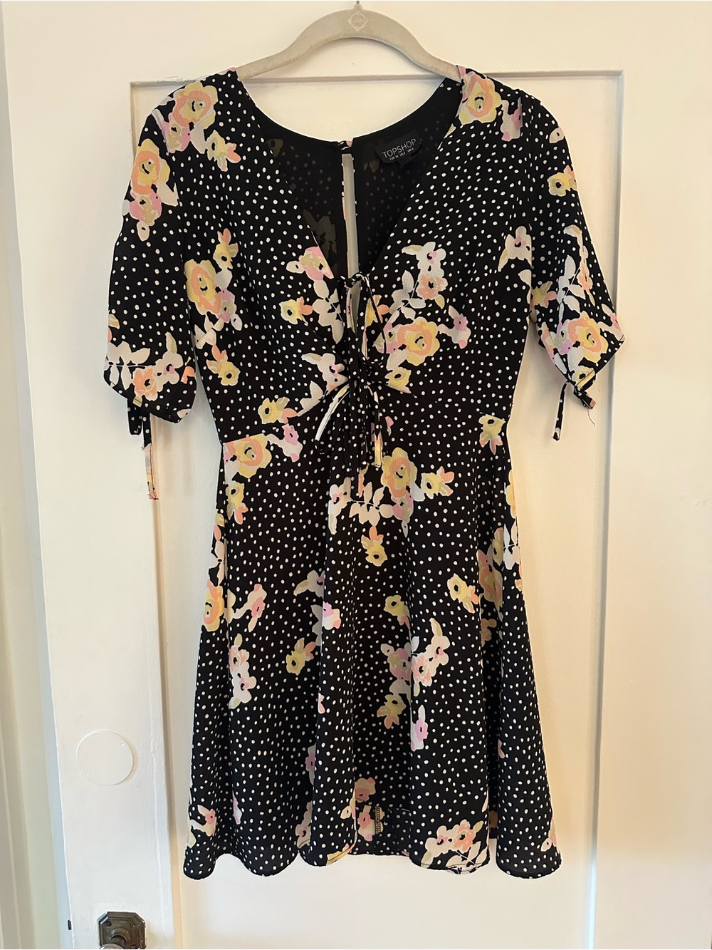 Topshop Black Polka Dot Tie-Front Dress with Pink Accents